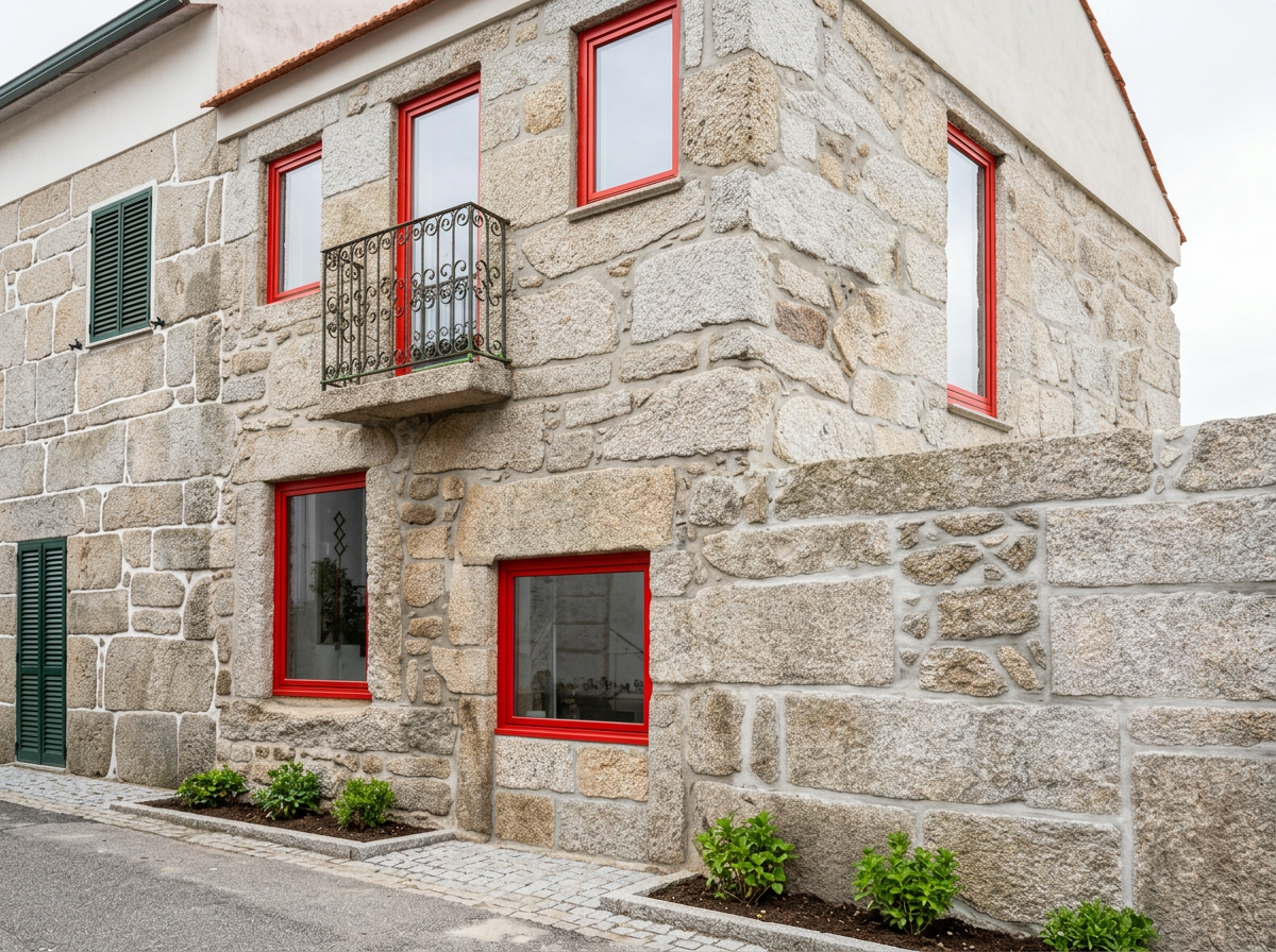 Casa em granito reabilitada com janelas de madeira lacadas em vermelho