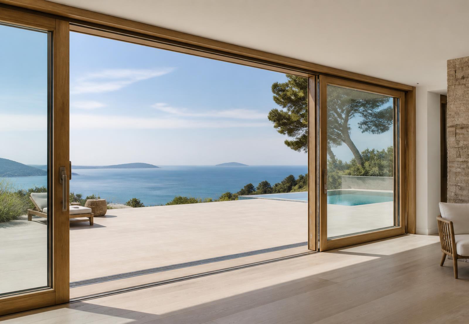 Corredora-elevadora em madeira aberta sobre terraço com vista de mar