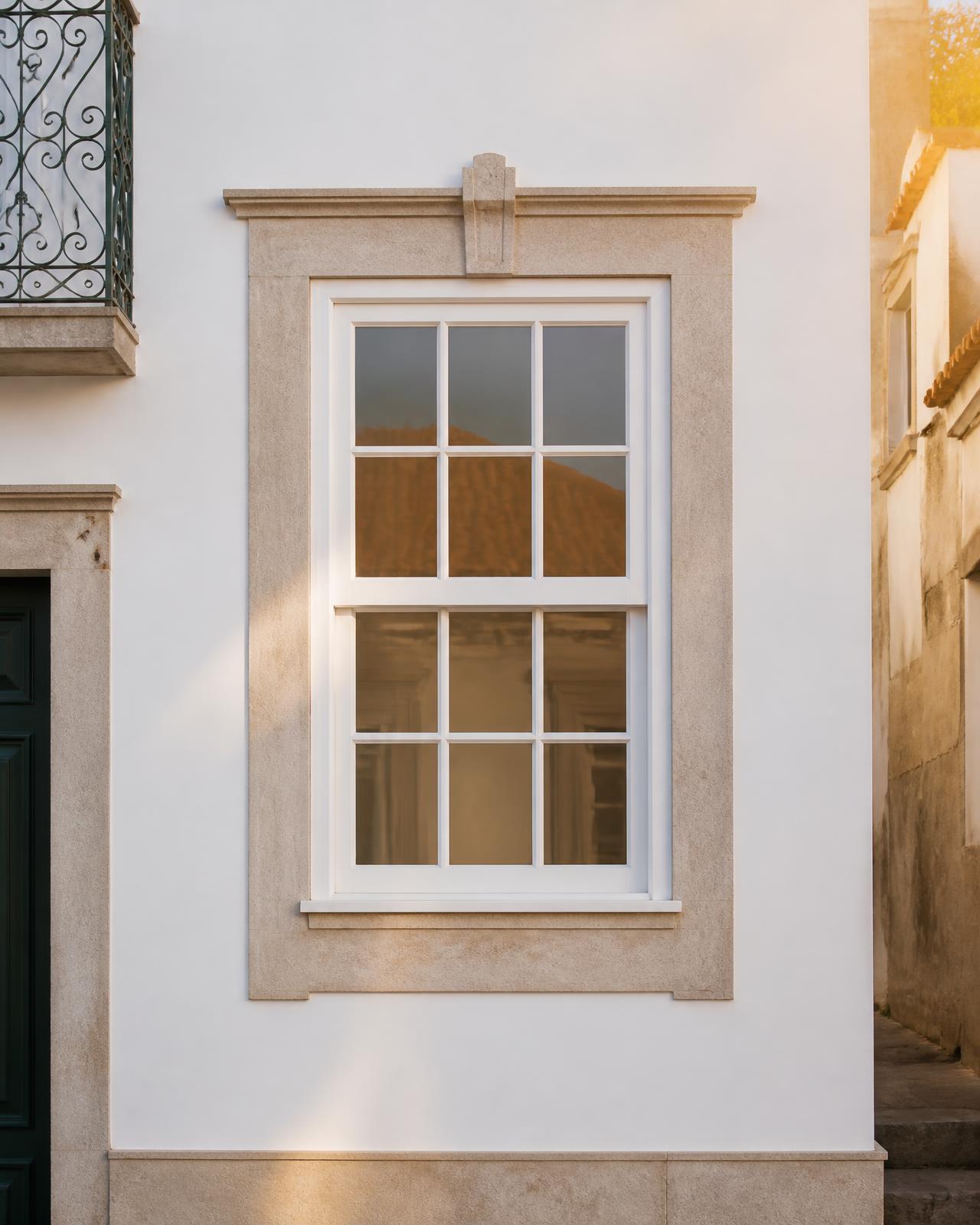 Janela de guilhotina em madeira pintada de branco em fachada histórica
