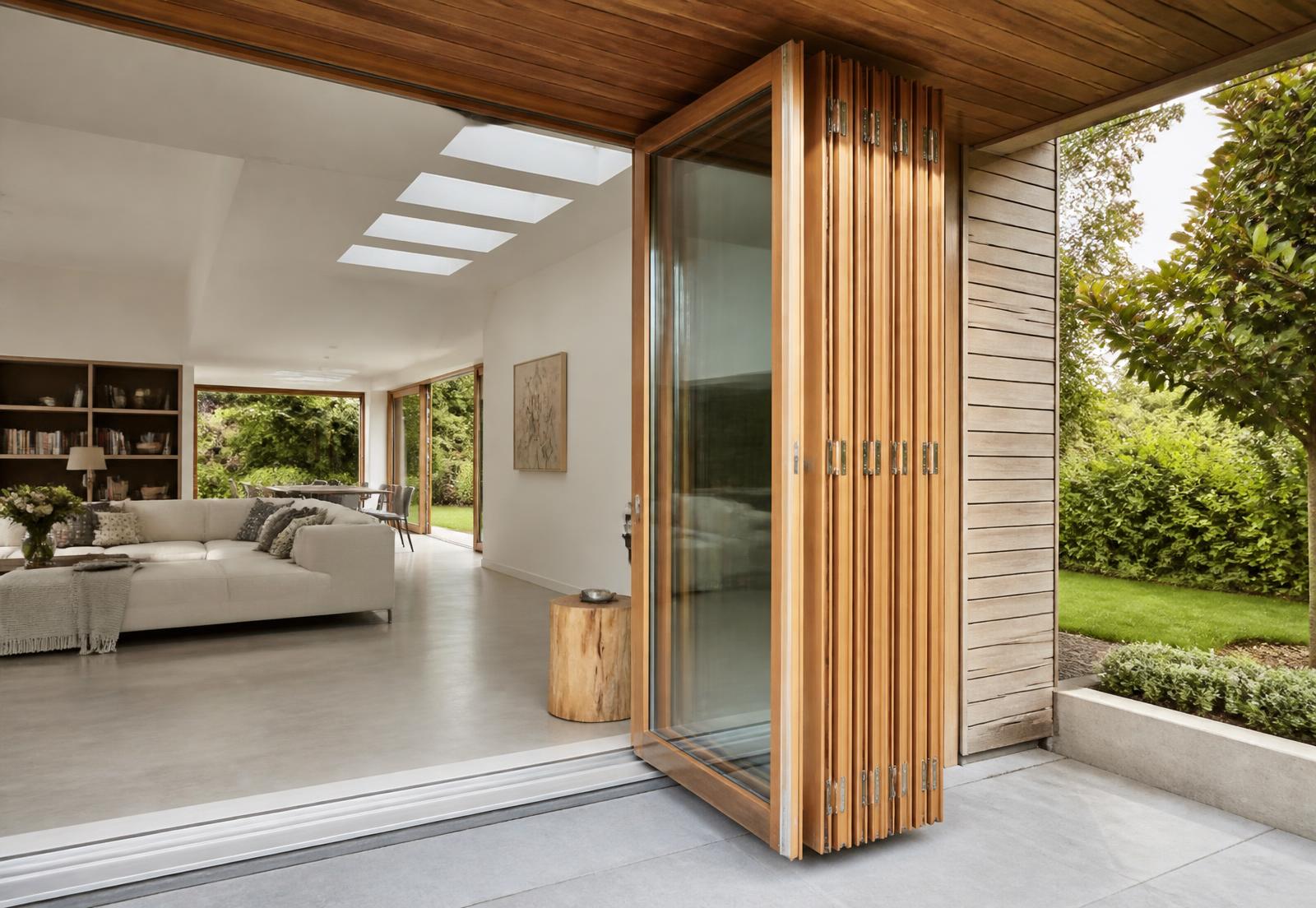 Janela harmónica em madeira parcialmente recolhida abrindo sala para jardim